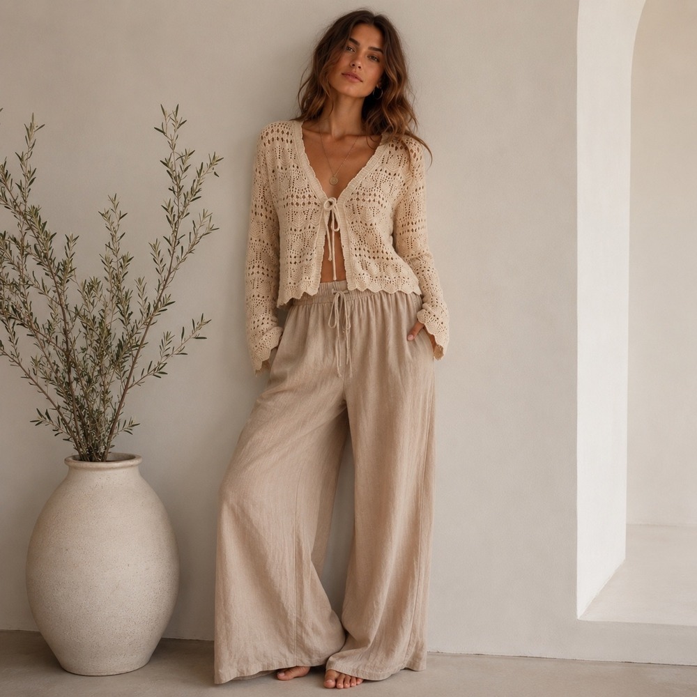 Moon Madison Boho Crochet Tie Front Cardigan Sweater Womens M Beige Bell Sleeve